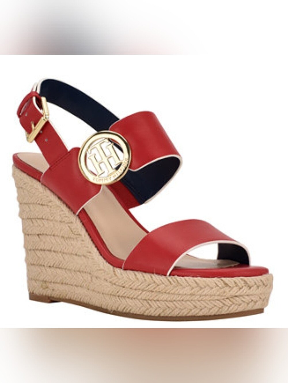 Tommy Hilfiger Women's Kahdy Logo Wedge Sandals Red With Gold Size 9 NWOB Shoes